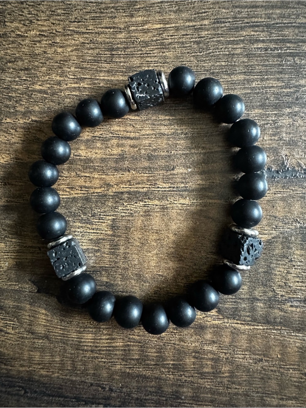 Black Beaded Stretch Bracelet with Lava Stone Accents